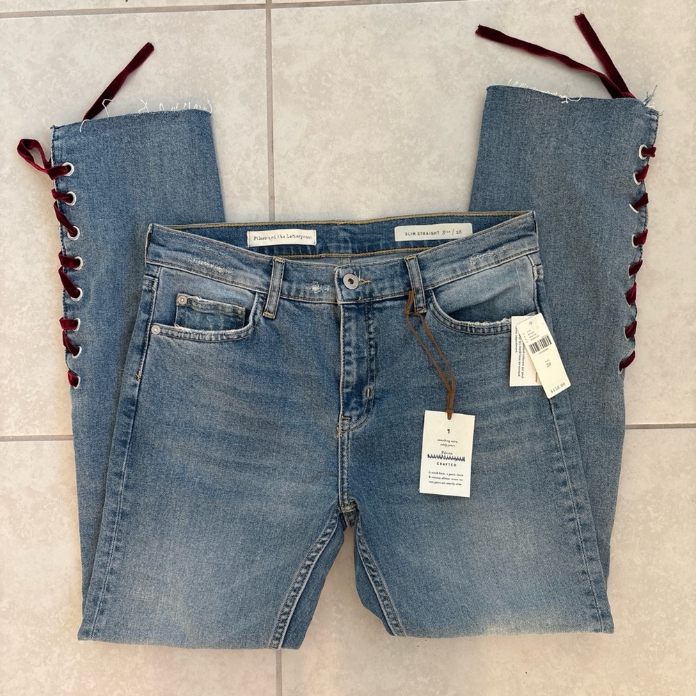 Deadstock Pilcro Blue Jeans with Red Velour Lace Accents